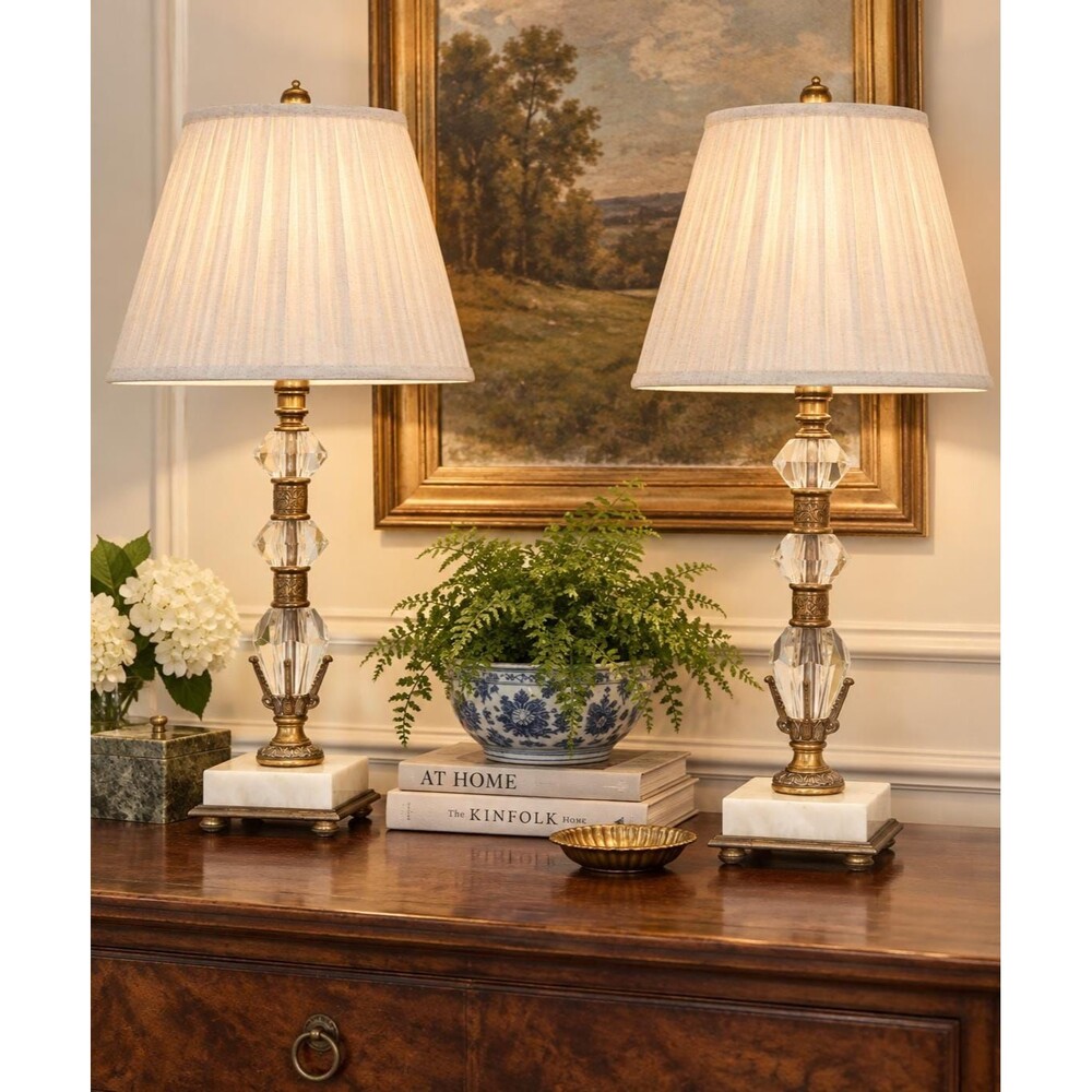 Vintage Crystal and Brass Table Lamps with Marble Bases - Pair